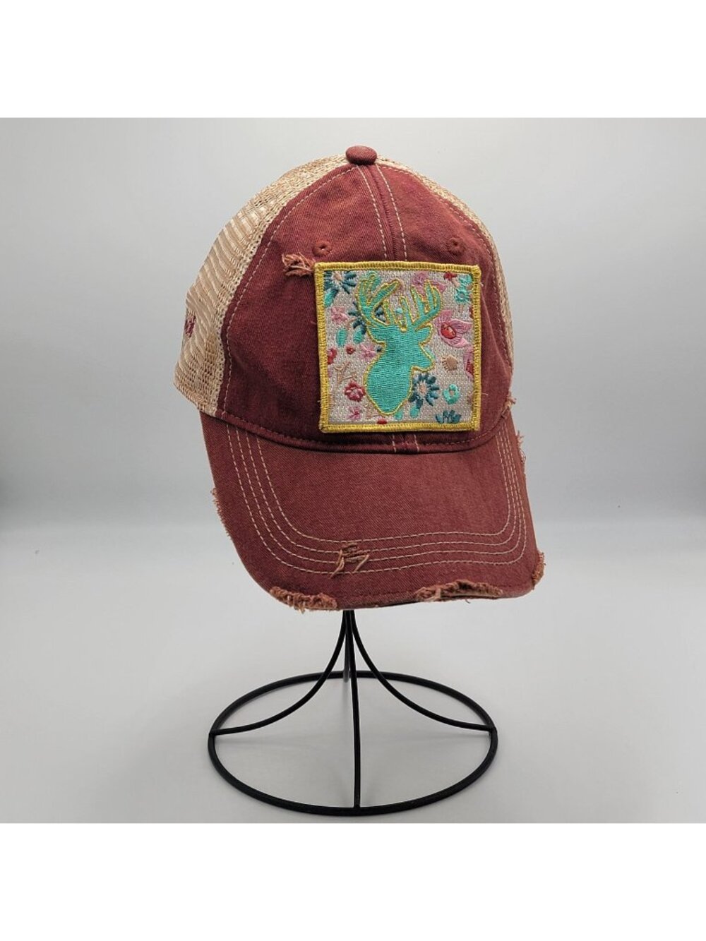 Judith March Distressed Burgundy Trucker Hat With Embroidered Floral Deer Patch
